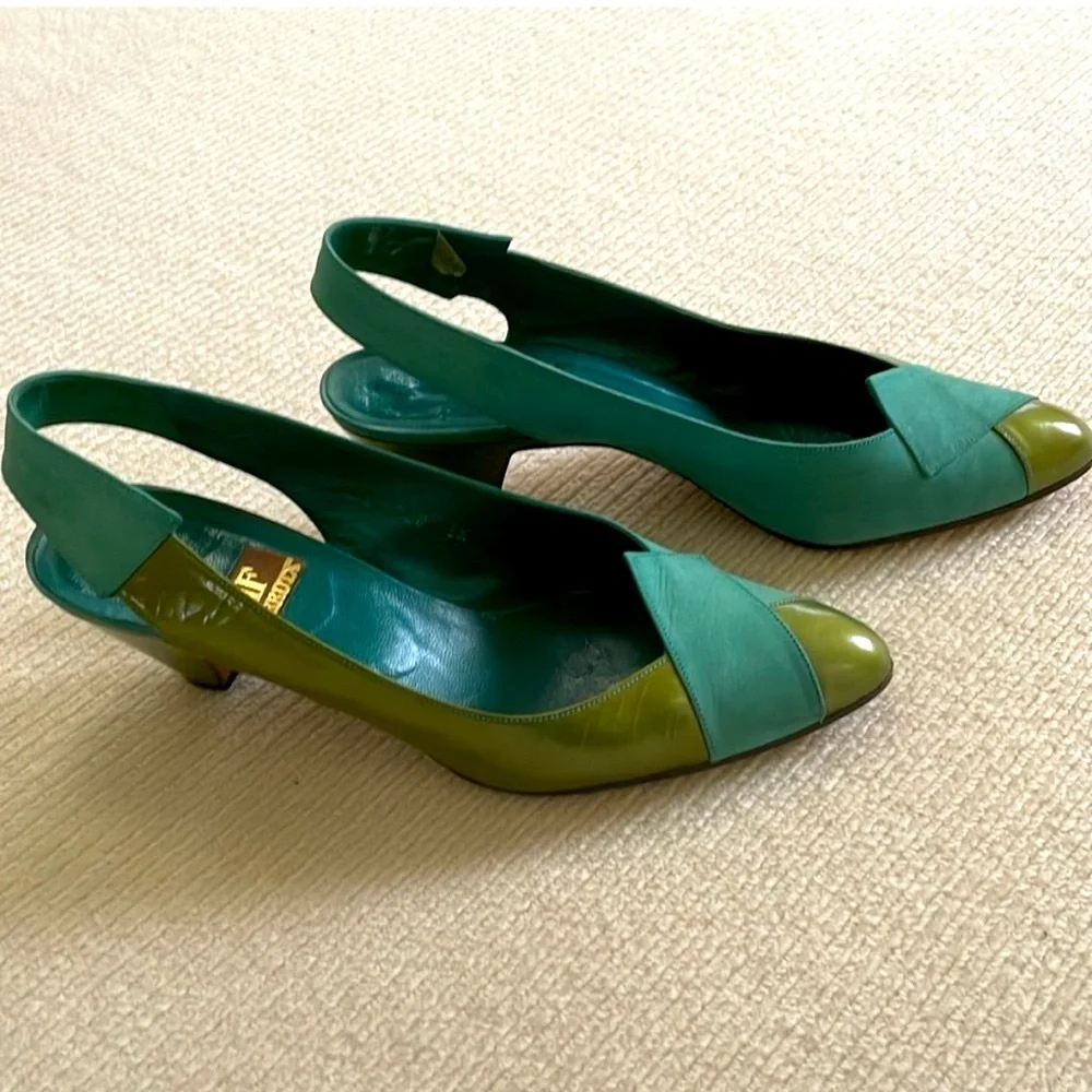 Farrutx Leather Turquoise and Green Slingback Heels